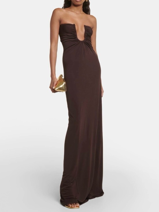 Christopher Esber Dresses & Skirts - Christopher Esber Arced Palm Strapless Deep V Chocolate Brown Maxi Dress